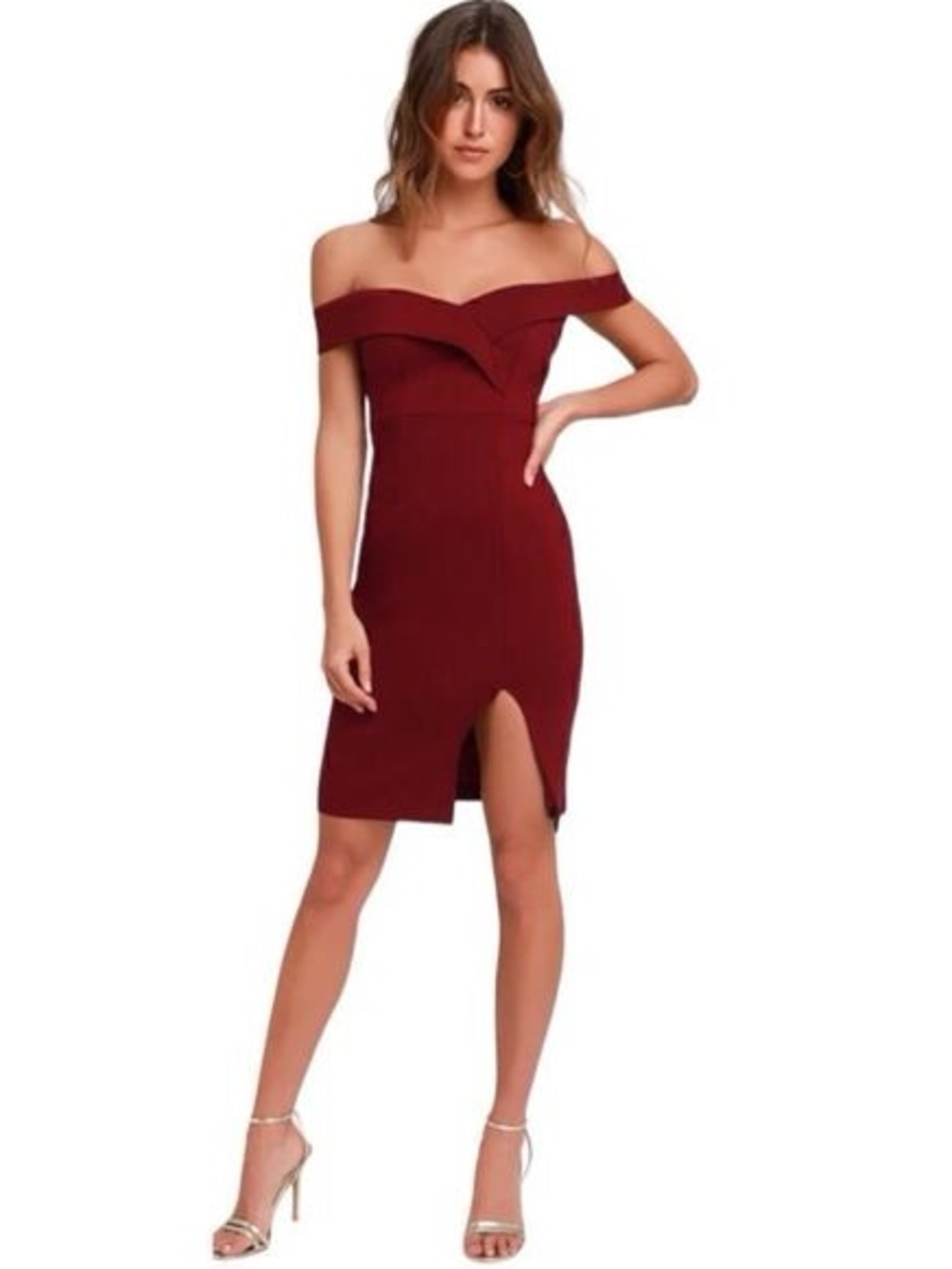 Lulus Large Burgundy Classic Glam Off The Shoulder Formal Bodycon Zip Up Dress